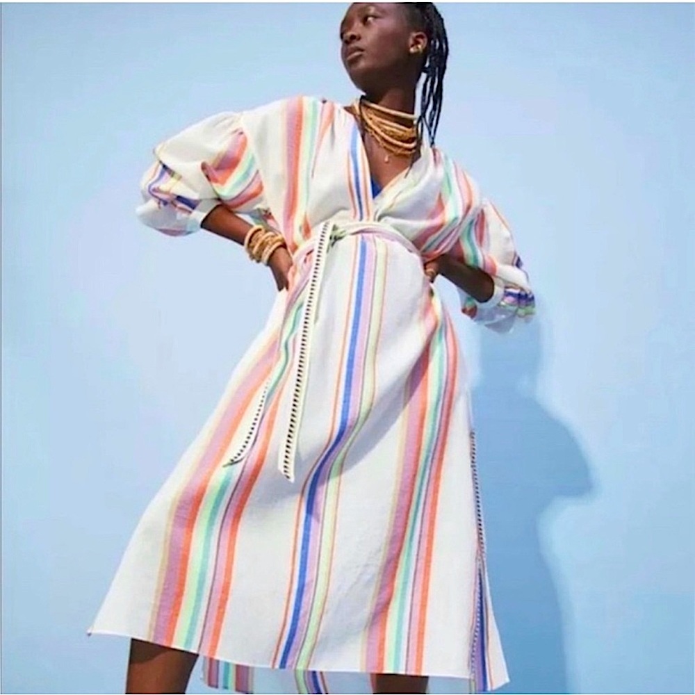 NWOT Lemlem x H&M colorful white orange blue stripe tunic dress swim coverup XS